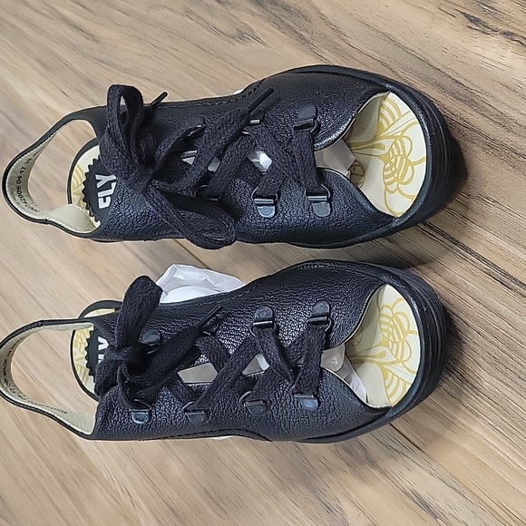 Fly London Ylva Black Leather Wedge Sandals - Picture 13 of 16